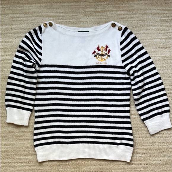 Lauren Ralph Lauren Women’s Sweater Crest Embroidered Nautical Boat Stripe Large - Picture 1 of 15